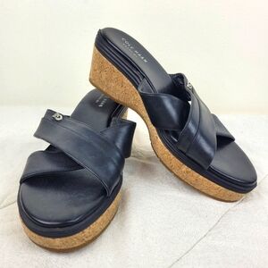 Cole Haan black leather criss cross design wedge sandals cork platform heel 6